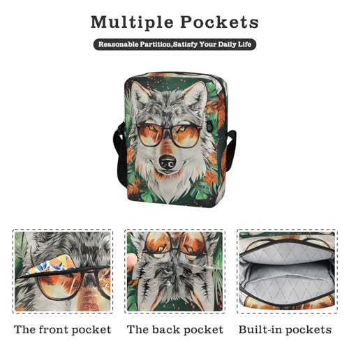Crossbody Bag Glasses Wolf Animal Tropical Messenger Bag for Women Men Purse Shoulder Bag Satchel Bag with Adjustable Strap 214B60002
