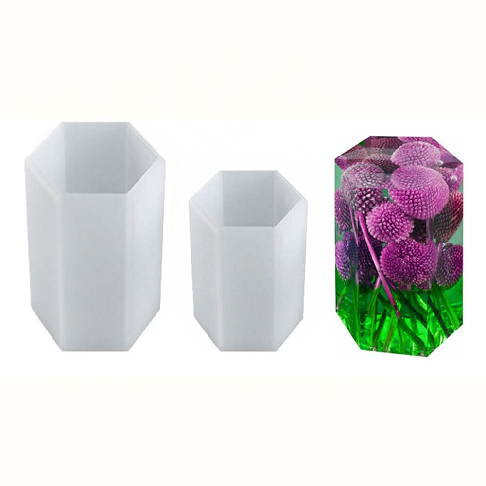 CENPEK 2 Pcs Hexagon Pillar Candle Moulds, Large Candle Silicone Moulds for Resin Casting, Silicone Resin Mould for DIY 3D Candle Handmade Soap Polymer Clay Crafts (2 Sizes)