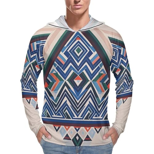 Men's UPF 50+ Sun Protection Hoodie, Geometric Triangle Pattern Long Sleeve Pullover, Lightweight Quick-Dry UV Shirt