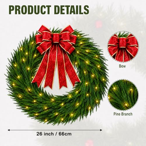 Pinkpum 26" Real Touch Cedar Christmas Wreath with Lights & Bow - image 4