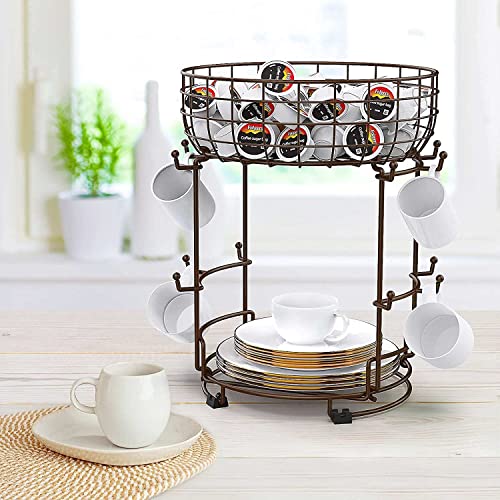 Mug Tree Cup Holder with Storage Basket Coffee Mug Holder 12 Hooks Multifunctional Kitchen Storage Display Stand Space Saving for Counter (Bronze) - Image 2