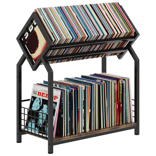 2-Tier Vinyl Record Storage Holder with Dividers, 24.4''W Vinyl Record Display, 300 LPs Vinyl Record Storage Rack, Suitable for Magazines, Books, Documents, Albums