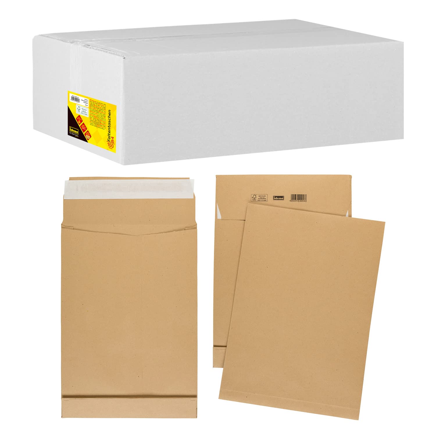 Idena 10253 - Tasca pieghevole, autoadesiva senza finestra, DIN B4, 150 g/m², fondo di 4 cm, 100 tasche, 250 x 352 mm, marrone natron