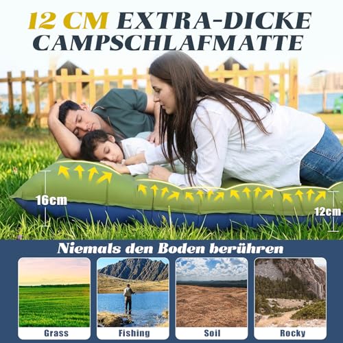 Myxslop Isomatte Camping, 12CM Doppel Camping Matratze, Ultraleicht Luftmatratze Schlafmatte für 2 Personen Kleines Packmaß mit Fußpumpe & Kissen für Reise, Outdoor, Wandern, Zelt, Strand