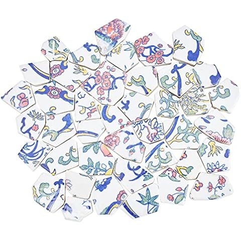SUPERFINDINGS 250g Piedras Mosaico Vidrio Baldosas Porcelana Cerámica Rota Baldosas Porcelana Cerámica Irregulares con Patrón Floral Cabujones Porcelana para Bricolaje Decoración Del Hogar Cover