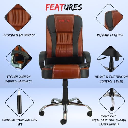Image of NEWTURN Dragon HIGH Back (Pre Assembled) with Heavy Duty Metal Stand Premium Leather Ergonomic Boss Revolving Office Chair with 2 Years Warranty (Premium Tan Black)