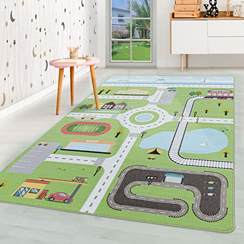 HomebyHome Kinderteppich Strasse Verkehr Design Grün 140x200 cm - Kurzflor Teppich Kinderzimmer...