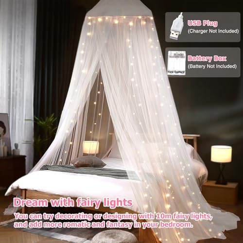 Bed Canopy with Lights, Bed Canopy for Girls Princess with Luminous Stars, Canopy Bed Curtains for Twin to King Size Bed, Baby Kids Adult Indoor Decor Bedroom Reading Nook Outdoor Camping, White