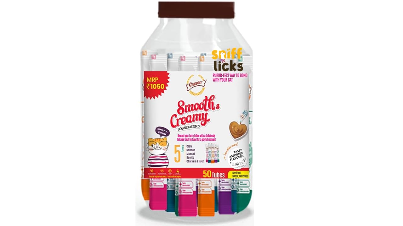 Gnawlers Smooth Creamy Treat for Cats with Tasty Crab, Salmon, Liver, Mussel, Bonito Single Tubes Jar (50 Tubes X 15G) by Sniff N Licks All Life Stages (B0CST467BL) Amazon Price History, Amazon Price Tracker