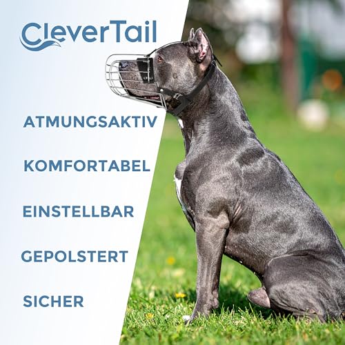 CleverTail Metall-Maulkorb für Pitbull – Körbchen-Maulkorb mit verstellbaren Lederriemen – Stahl-Käfig-Maulkorb zum Verhindern von Beißen – Mundschutz für große und mittelgroße Pitbulls und Bully