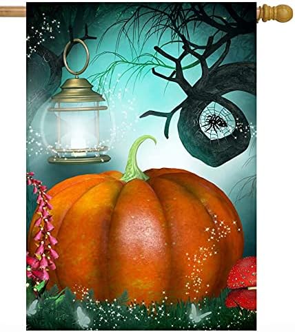 Pickako Halloween Autumn Fairy Forest Pumpkin Trees Mushroom Lantern Butterfly Spider House Flag 28 x 40 Inch, Double Sided Large Garden Yard Welcome Flags Banners for Home Lawn Patio Outdoor Decor