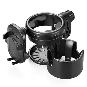 Stroller Cup Holder with Phone Holder, 360 Rotating Phone Clamp Water Bottle 3-in-1 Universal Cup Holder for Stroller, Bike, Wheelchair, Walker, Scooter