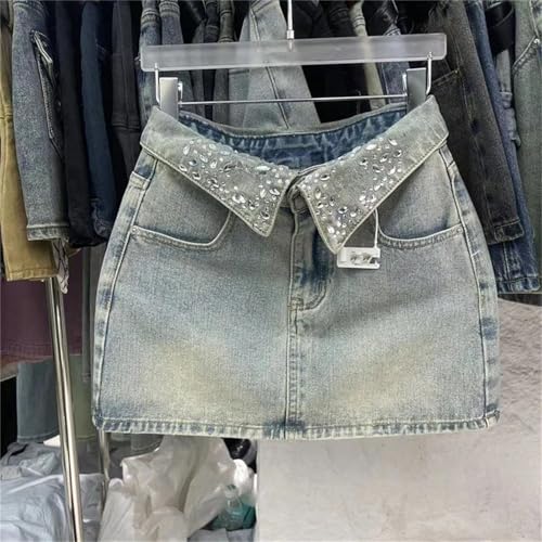Women's Rhinestones Short Jean Skirt Summer Diamond High Waist Denim A-Line Skirts2
