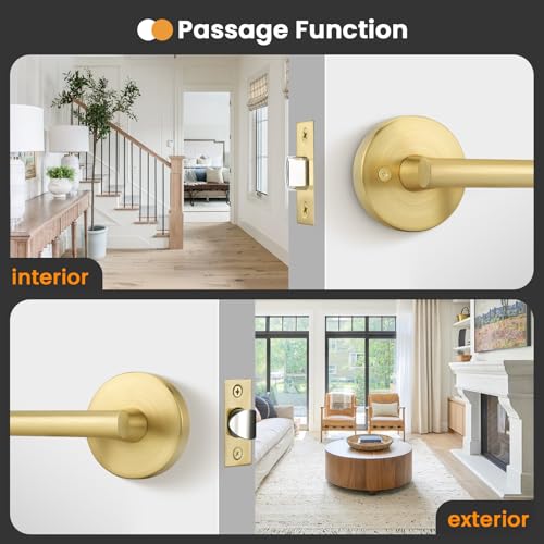 Image of Goldenwarm 8 Pack Gold Passage Door Handles, Closet Door Lever Brushed Gold Interior Door Handle for Hall and Closet, Zinc-Alloy Heavy Duty DoorHandles Reversible(no Lock)