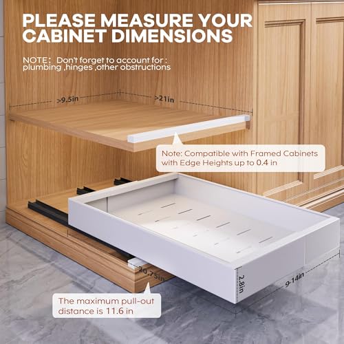2 Pack Expandable Pull Out Cabinet Organizer 21" Deep with Raising Pad for Framed Cabinets,Upgrade 3 Slide Rails Slide Out Drawers,Roll Out Shelves Adhesive,Adjustable Width 9"-14.1" White