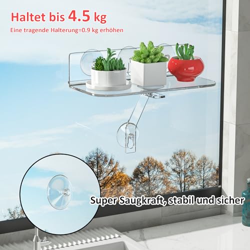 Hexsonhoma Clear Acryl Fenster Pflanzenregale, 30CM Fenster Pflanzenständer mit Beinen, Keine Notwendigkeit Drilling Indoor Fenster Saugnapf Regal Wand Regal für Pflanzen(2 Packung)