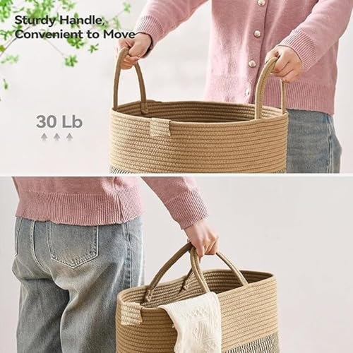 Image of Jute Cotton Rope Laundry Basket with Handles, Large Tall Clothes Hamper for Bedroom, Baby Nursery, Bathroom, Laundry Room & Home Storage Organizer (14x16 Inch, Beige Mix & Black)
