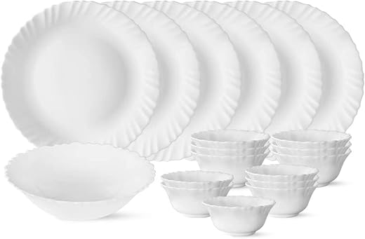 Larah by Borosil Silk Series Opalware Dinner Set | 19 Pieces for Family of 6 | Microwave &amp; Dishwasher Safe | Bone-Ash Free...