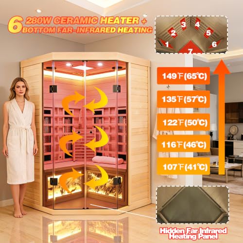 Ceramic Infrared Sauna 2-3 Person, 660nm & 850nm Red Light Therapy Infrared Saunas, Far & Near Infrared Corner Sauna, 1810W/120V Wooden Home Indoor Sauna Room with Bluetooth Speaker, Granite Backdrop - Image 5