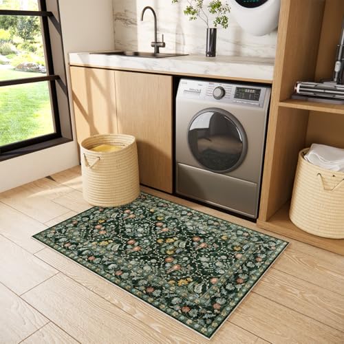 Image of Vintage Botanical Dark Green Entryway Rug, 2x3 Kitchen Rugs Non Slip Washable Boho Green Forest Design, Soft Door Mat Indoor Entrance, Ultra-Thin Easy Clean Small Throw Carpet for Bedroom Bathroom