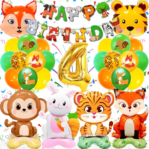 Kit Globos Animales de La Selva Cumpleaños para 4 Año Niño, Globos Animales Foil Grandes, Guirnalda "Happy Birthday", Fácil de Usar, para Fiesta Cumpleaños Temática Bosque
