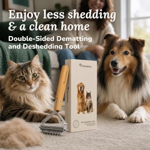 Dematting Deshedding Tool Brush, Dual-Sided Comb Undercoat Rake for Cats & Dogs | Dog Cat Dematting Comb, Deshedder, Mat Remover, Grooming Brushes for Shedding & Matting, Medium to Long Hair & Double Coats