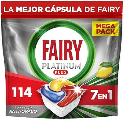 Fairy Platinum Plus Limón Cápsulas De Lavavajillas Todo En Uno, 114 Cápsulas, Nuestra Mejor Limpieza Que Deja Los Platos Como Nuevos, Elimina La Falta De Brillo Y Evita La Cal