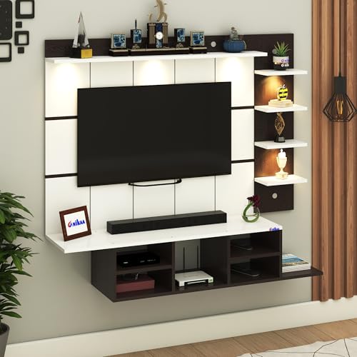 Image of Anikaa Charley Engineered Wood Wall Mount Striped PVC Back Panel TV Unit with Spot LED Lights | TV Cabinet with Open Storage Box (Wenge /White) | Ideal for UP to 43 Inch TVs - DIY Installation