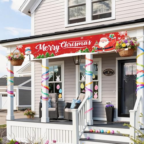 Image of Snowman and Santa Outdoor Banner 78.7 x 17.7 Inch Red Background with Snowflakes and Christmas Trees Festive Holiday Decoration for Yard Garden Fence Porch or Patio Display
