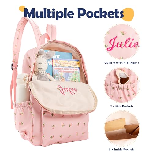 MT WORLD Floral Backpack Personalized Daycare Backpack with Name 16inch Flower Daypack with 2 Side Pockets & Spacious Interior Custom Daycare Bag for Overnight Daily Activities Birthday Gifts (Pink)2