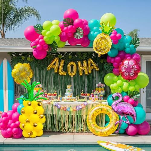 Image of Summer aloha garland arch kit 150pcs Magenta Pink teal green yellow balloon with tropical flowers flamingo diy Giant Pineapple aloha letter balloon for hawaii aloha luau theme party decorations