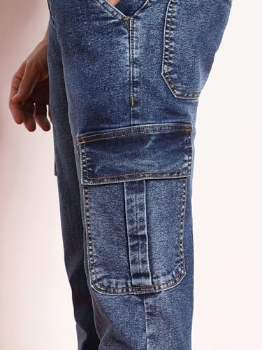 Image of Urbano Fashion Men's Regular Fit Washed Cargo Jeans with 6 Pockets Stretchable