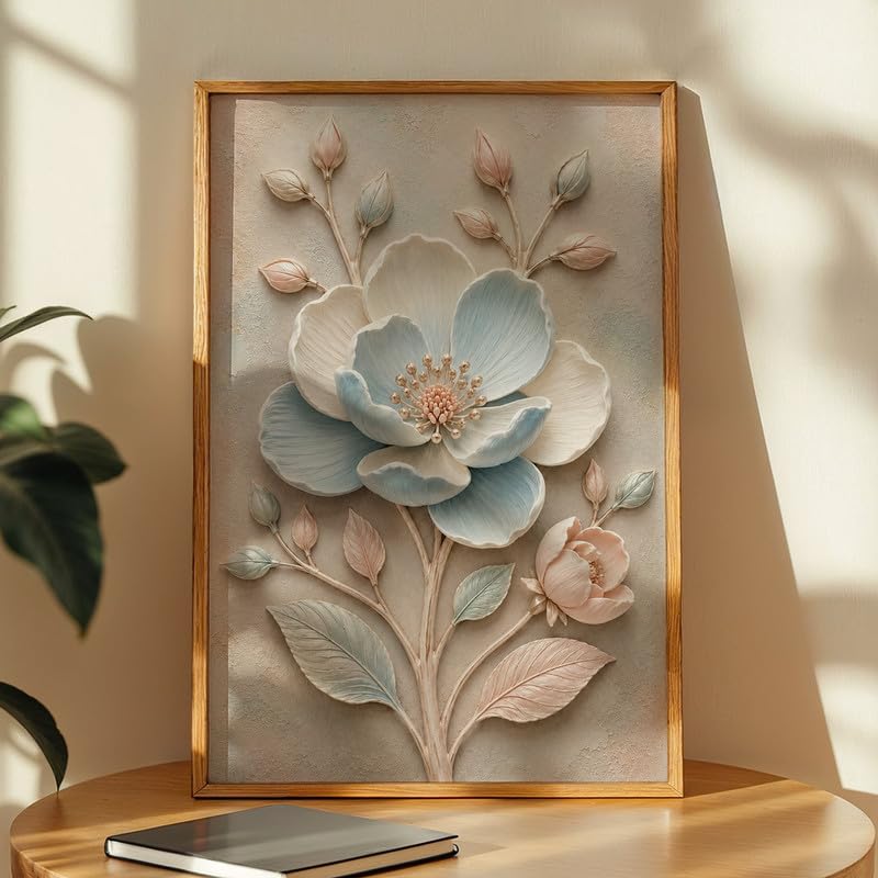 Image of NoWorries Floral Botanical Wall Painting with Frame | Premium Textured Flower & Leaf Artwork, Pastel Nature Wall Decor Framed for Living Room Bedroom Office and Home Decoration (Art-3,17x25inch)