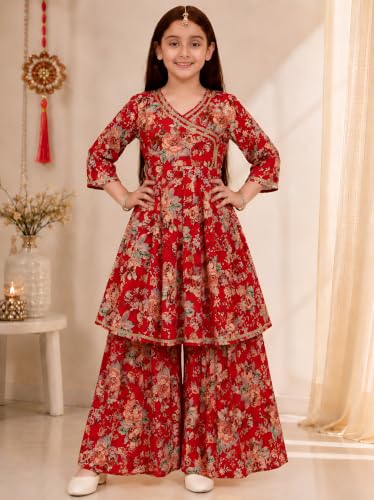 Image of Preneum Girls's Cotton Rayon Gota Pati Floral Printed Angrakha Kurta with Sharara