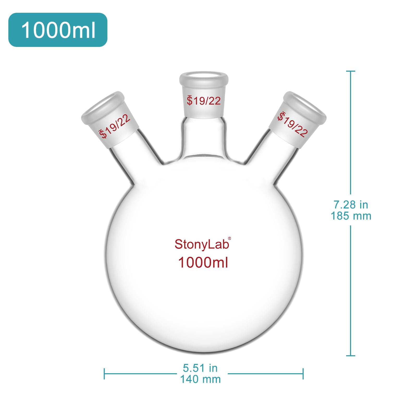 StonyLab Borosilicato Vetro 3-Collo Fondo Rotondo Pallone RBF, con 19/22 Centrale e lato Standard Coniche Esterno Misto Giunto, 3 Neck Round Bottom Flask (1000 ml)