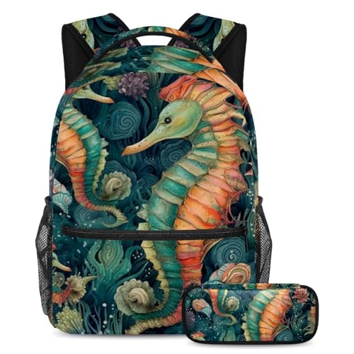 Sac à dos hippocampe au design vintage unique, ensemble cartable et trousse assortie