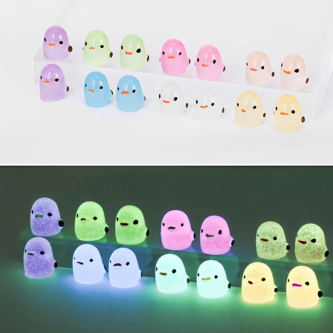 JPORSHU Luminous Glitter Tiny Chicks 70pcs Mini Little Resin Chicks 7 Colors Tiny Glow in The Dark Resin Chicks for Garden Micro Landscape Aquarium Potted Dollhouse Decoration Decor