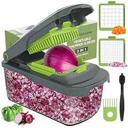 Ourokhome Vegetable Chopper Cutter with Container, Manual Hand Food Veggie Dicer with 2 Chopping Blades for Potato Strips, Onion Cubers, Carrot Sticks, Essential Kitchen Gadgets (2 in 1, Gray)