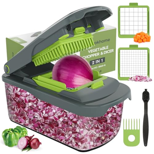 Ourokhome Vegetable Chopper Cutter with Container, Manual Hand Food Veggie Dicer with 2 Chopping Blades for Potato Strips, Onion Cubers, Carrot Sticks, Essential Kitchen Gadgets (2 in 1, Gray)