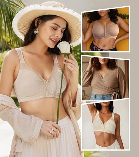 Image of Lemorosy Women's Plus Size Full Coverage Front Closure Posture Back Unpadded Wireless Double Support Minimizer Bra