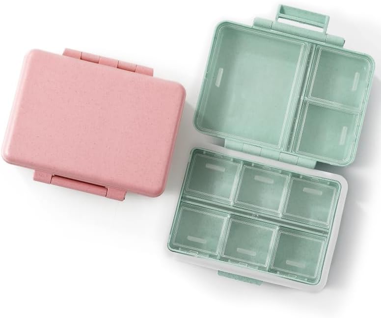 Paquete de 2 pastilleros de viaje con 9 compartimentos, a prueba de humedad, pequeño pastillero para bolsillo, contenedor diario para medicinas y