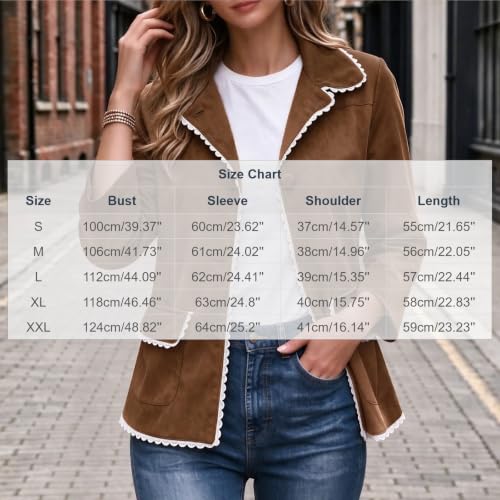 Faux Suede Jacket Women Trendy Casual Lace Scalloped Lapel Button Down Coat - image 4