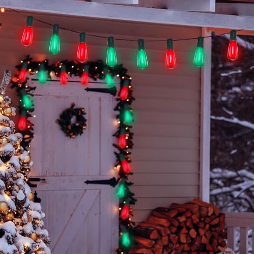 Image of GOOTHY LED ST40 Red and Green Outdoor String Lights, 45FT Patio Lights Waterproof with 30 LED Red Green Shatterproof Bulbs, Hanging Outdoor Light for Home Party Backyard Garden Christmas Decorations