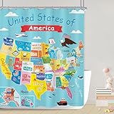 LGhtyro USA Map Kids Shower Curtain Bathroom Set 60Wx71H Inches American Cities Cartoon Cute Animal Colorful Educational Geography Bath Accessories Learning Tools Art Home Decor Fabric 12 Pack Hooks