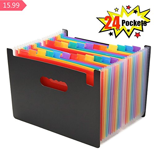 Caveen 24 Pockets Expanding Files Large Capacity A4 Size Colorful File Organizer Plastic Stand Expandable Portable Accordion Folder Business File/Home Paper Organizer Bag