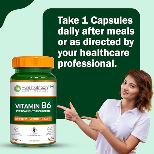 Image of Pure Nutrition Vitamin B6 Supplements Pyridoxine HCl | B6 Vitamin Pyridoxine Hydrochloride Capsules 1900mcg Supports Energy, Immune & Brain Health | Maintains Eye Health & Nervous System Function - 120 Veg Capsules