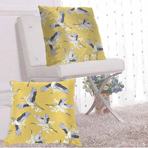 Wondertify Crane Throw Pillow Covers Japanese Birds Traditional Vintage Kimono Square Pillow Cases Set Of 2 For Decorative Cushion Bed Couch Sofa White Blue Indigo 18"X18" #TOP3