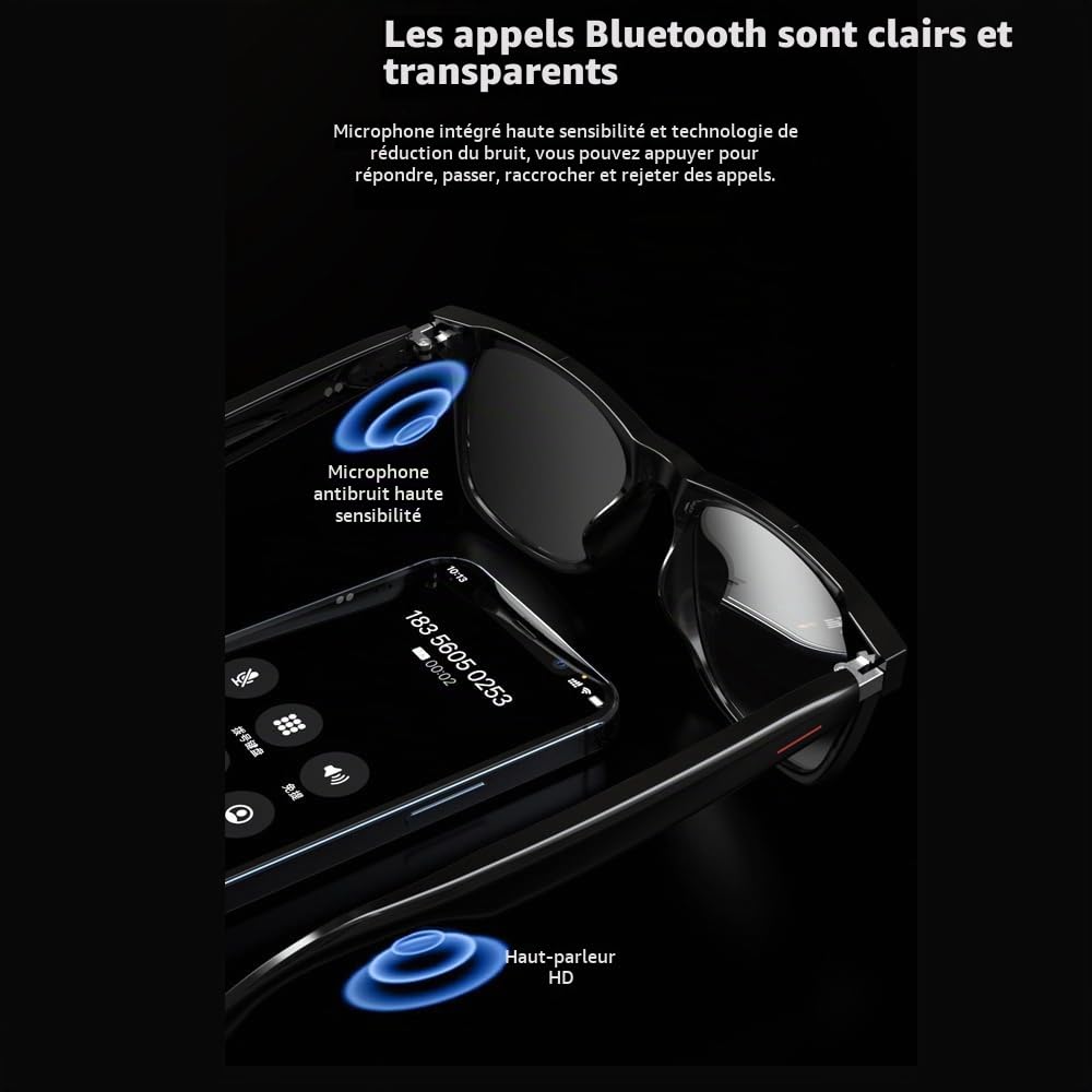 AI Traduction Bluetooth intelligentes Lunettes pour Hommes/Femmes - réduction Bruit, Filtre lumière Bleue & Verres solaires interchangeables (Noir/Bleu/Rose) pour Bureau/extérieur - Black
