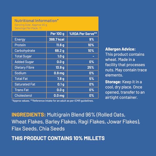 Image of Mille Zero Added Sugar Millet and Oats | High Fibre | Power of 7 - Millets, Oats, Flax seeds and Chia seeds | Instant Multigrain High Protein Breakfast Cereal | 500g