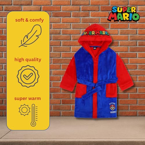 Super Mario Kinder Bademantel Morgenmantel, flauschig, Coral Fleece mit Kapuze, Logo, Junge, Mädchen (DE/NL/SE/PL, Numerisch, 116, Regular, Blau-Rot)